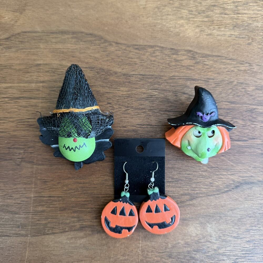 Lot Vintage Brooch and Earrings Halloween Costume Jewelry Pumpkin Witch